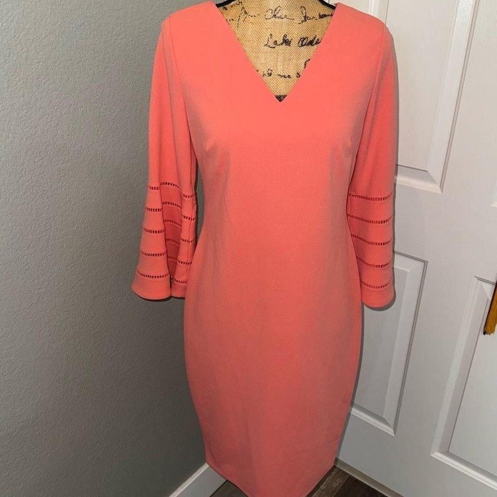 Calvin Klein Scuba Crepe laser-cut bell sleeves in Vibrant Coral 4